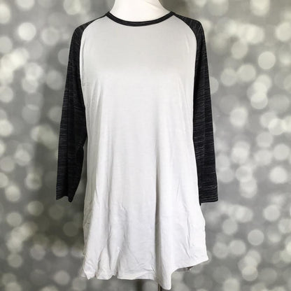 LuLaRoe Randy Tee in Classic White & Charcoal featuring a white body with heather charcoal 3/4 raglan sleeves and coordinating neckline.