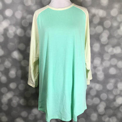 LuLaRoe Randy Tee in Mint Lemon Fade featuring a soft ombré blend of mint aqua and pale lemon yellow with buttery yellow 3/4 raglan sleeves in size XL.