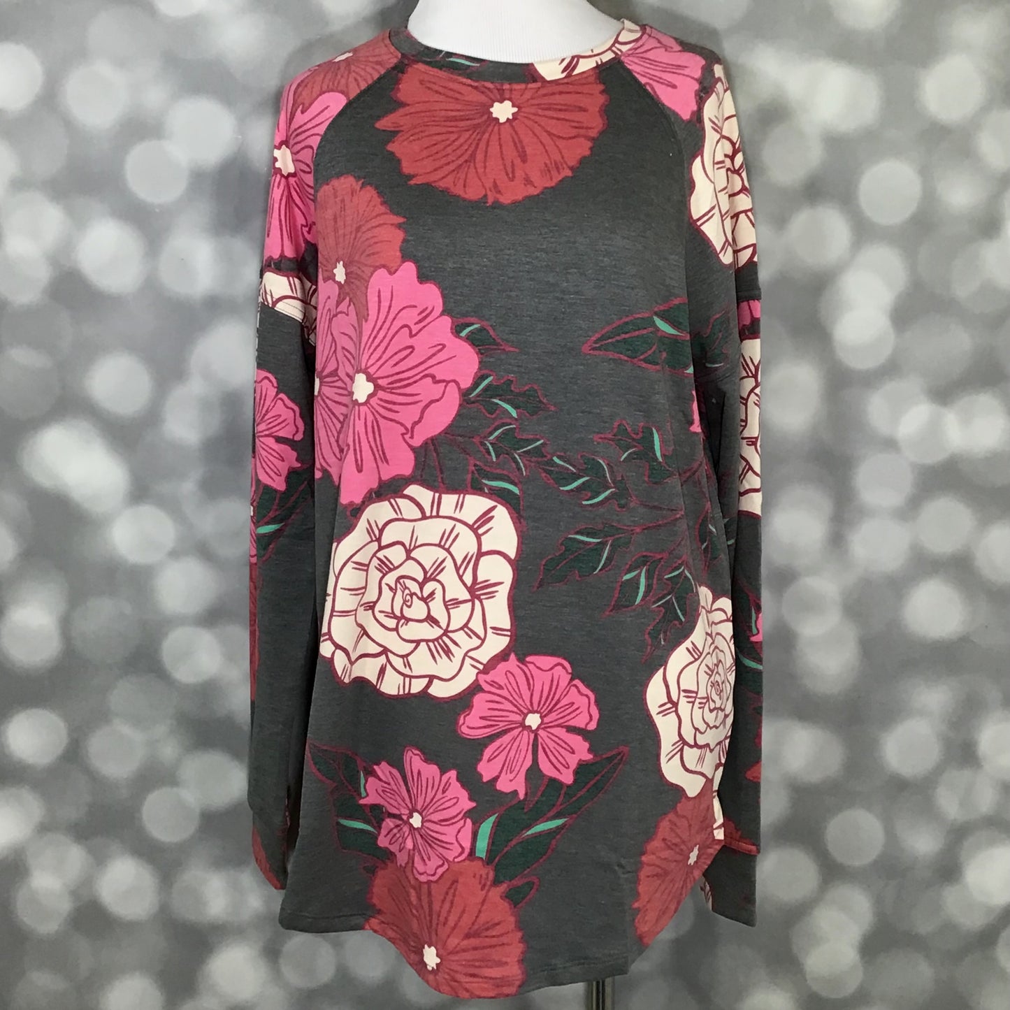 LuLaRoe LuLaRoe Erin Raglan Top - Charcoal Garden Rose 