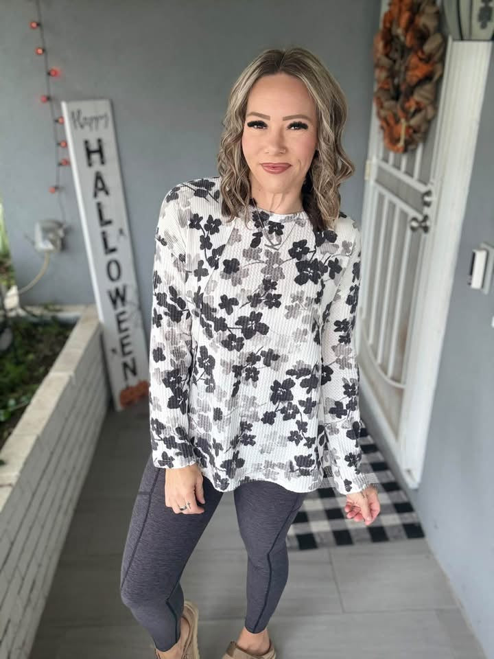 LuLaRoe Tina Mixed Media Long Sleeve Top Ivory Black & Gray Floral – additional product view