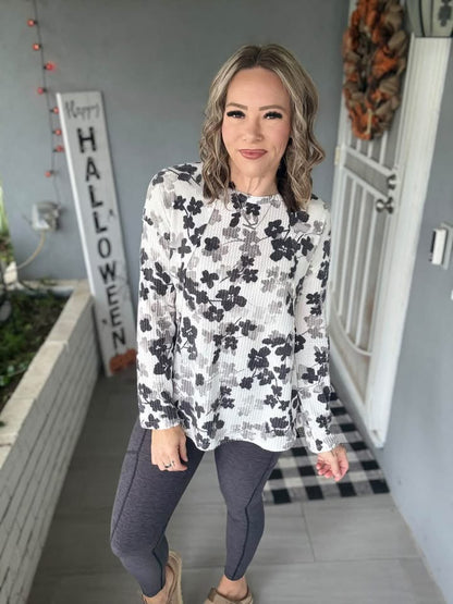 LuLaRoe Tina Mixed Media Long Sleeve Top Ivory Black & Gray Floral – additional product view
