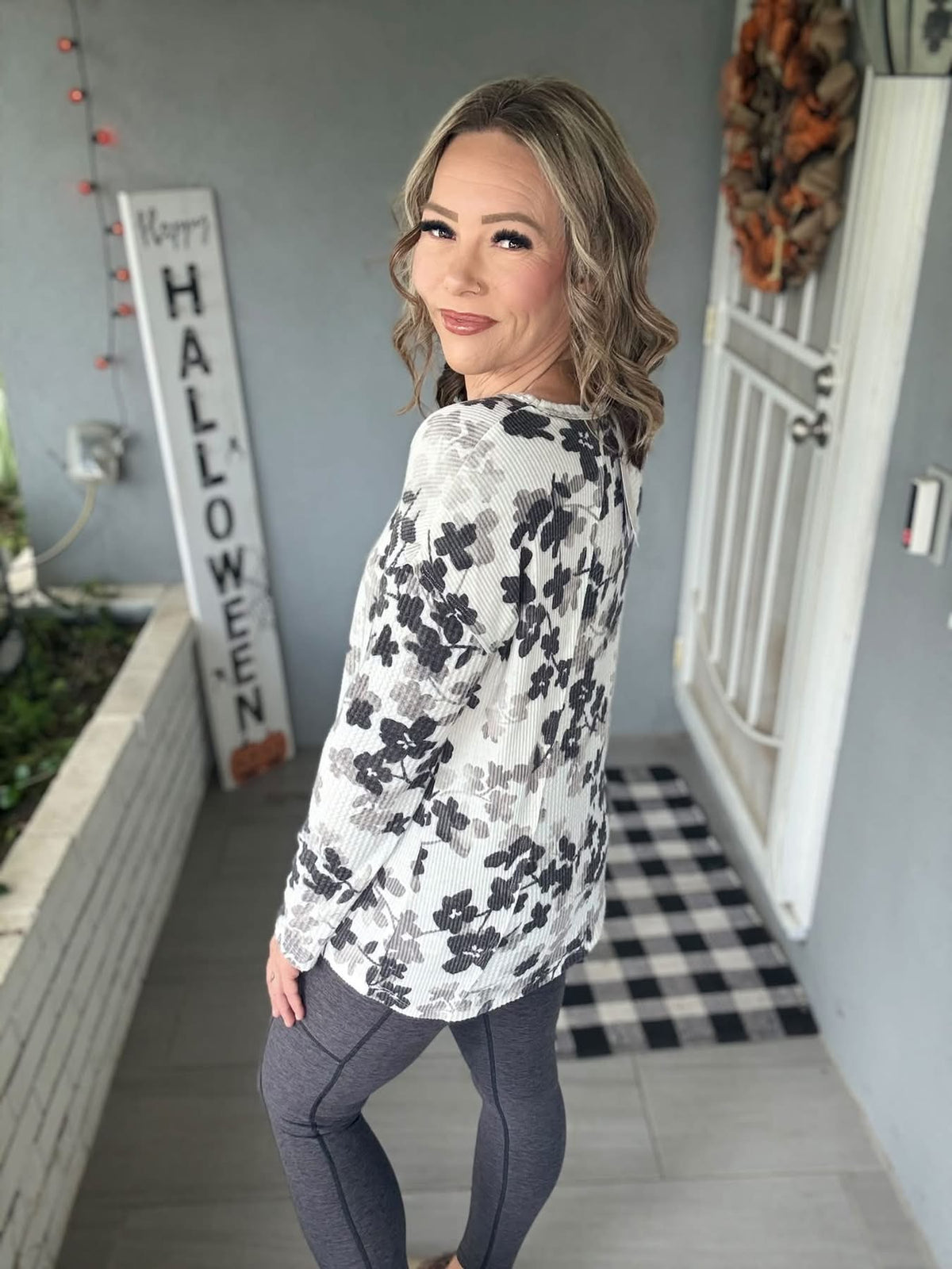LuLaRoe Tina Mixed Media Long Sleeve Top Ivory Black & Gray Floral – additional product view