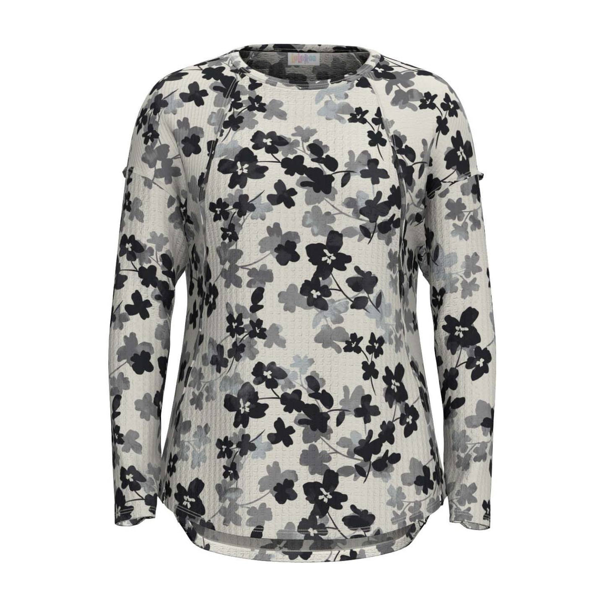 LuLaRoe Tina Mixed Media Long Sleeve Top Ivory Black & Gray Floral – color and print detail