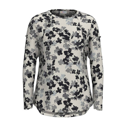 LuLaRoe Tina Mixed Media Long Sleeve Top Ivory Black & Gray Floral – color and print detail