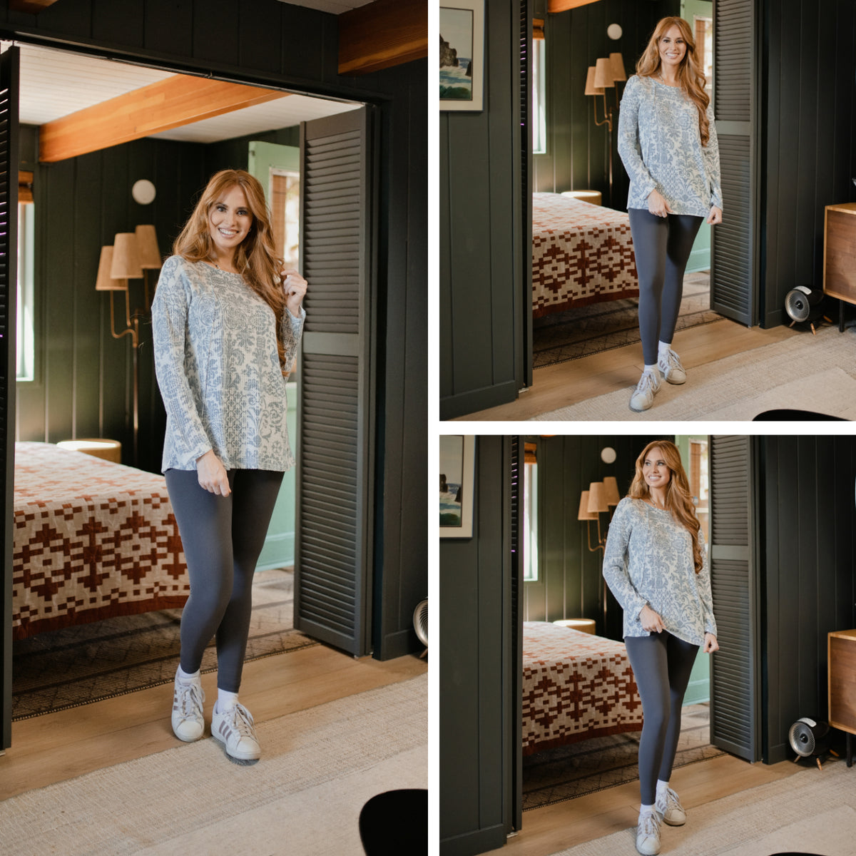 LuLaRoe Tina Mixed Media Long Sleeve Top Ivory Dusty Blue Paisley – additional product view