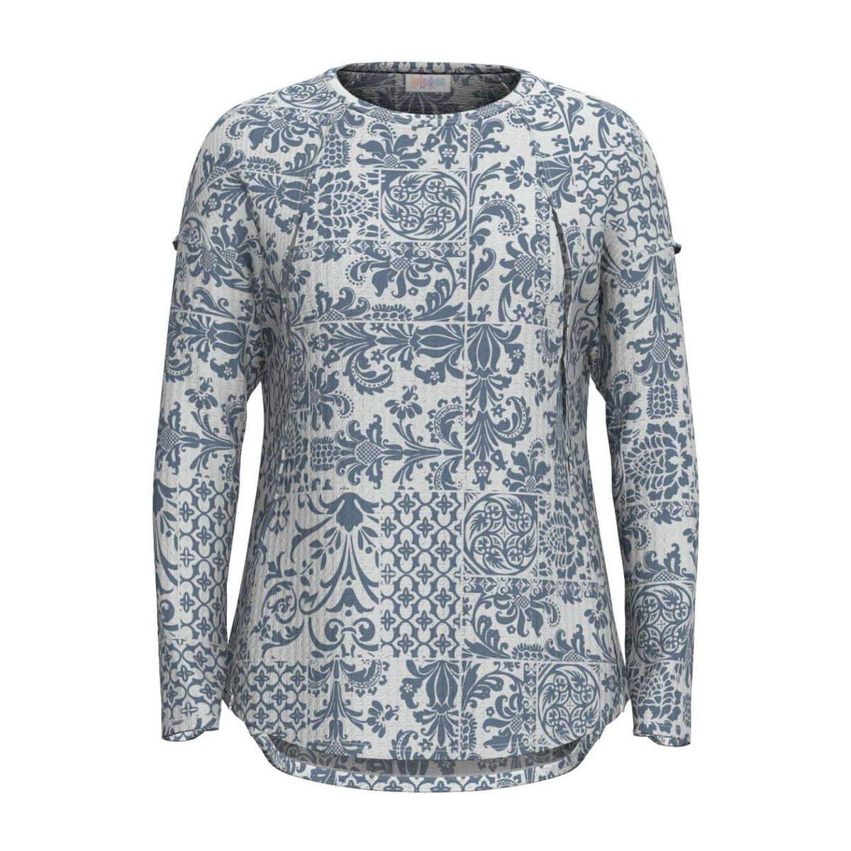 LuLaRoe Tina Mixed Media Long Sleeve Top Ivory Dusty Blue Paisley – color and print detail