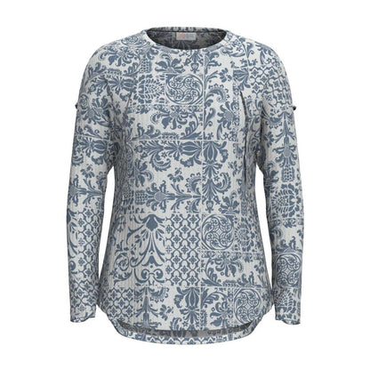 LuLaRoe Tina Mixed Media Long Sleeve Top Ivory Dusty Blue Paisley – color and print detail