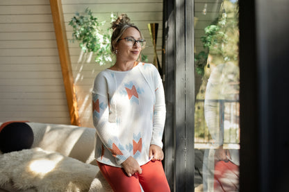 LuLaRoe Tina Mixed Media Long Sleeve Top Ivory Rust & Blue Southwestern Geometric – additional product view