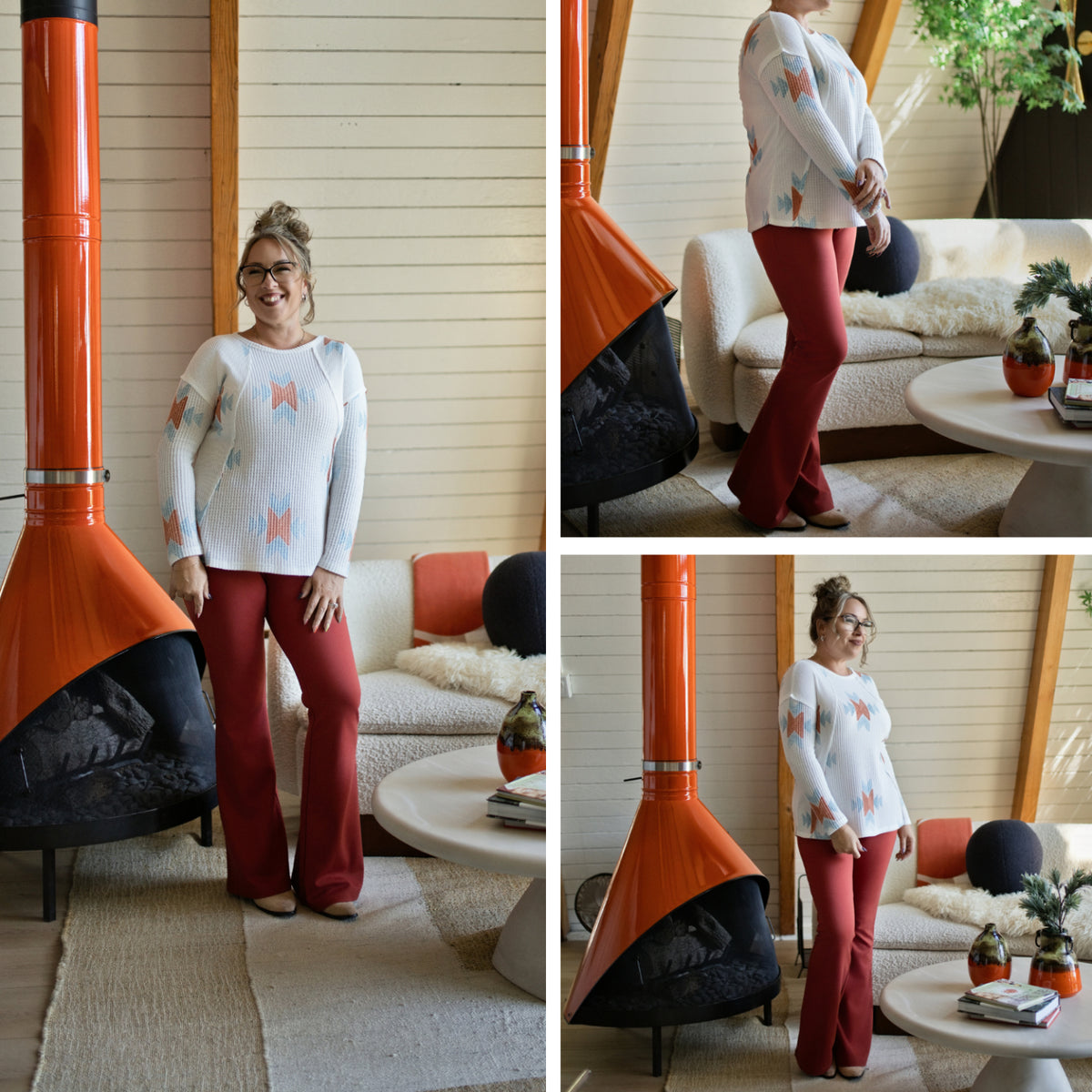 LuLaRoe Tina Mixed Media Long Sleeve Top Ivory Rust & Blue Southwestern Geometric – additional product view
