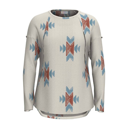LuLaRoe Tina Mixed Media Long Sleeve Top Ivory Rust & Blue Southwestern Geometric – color and print detail
