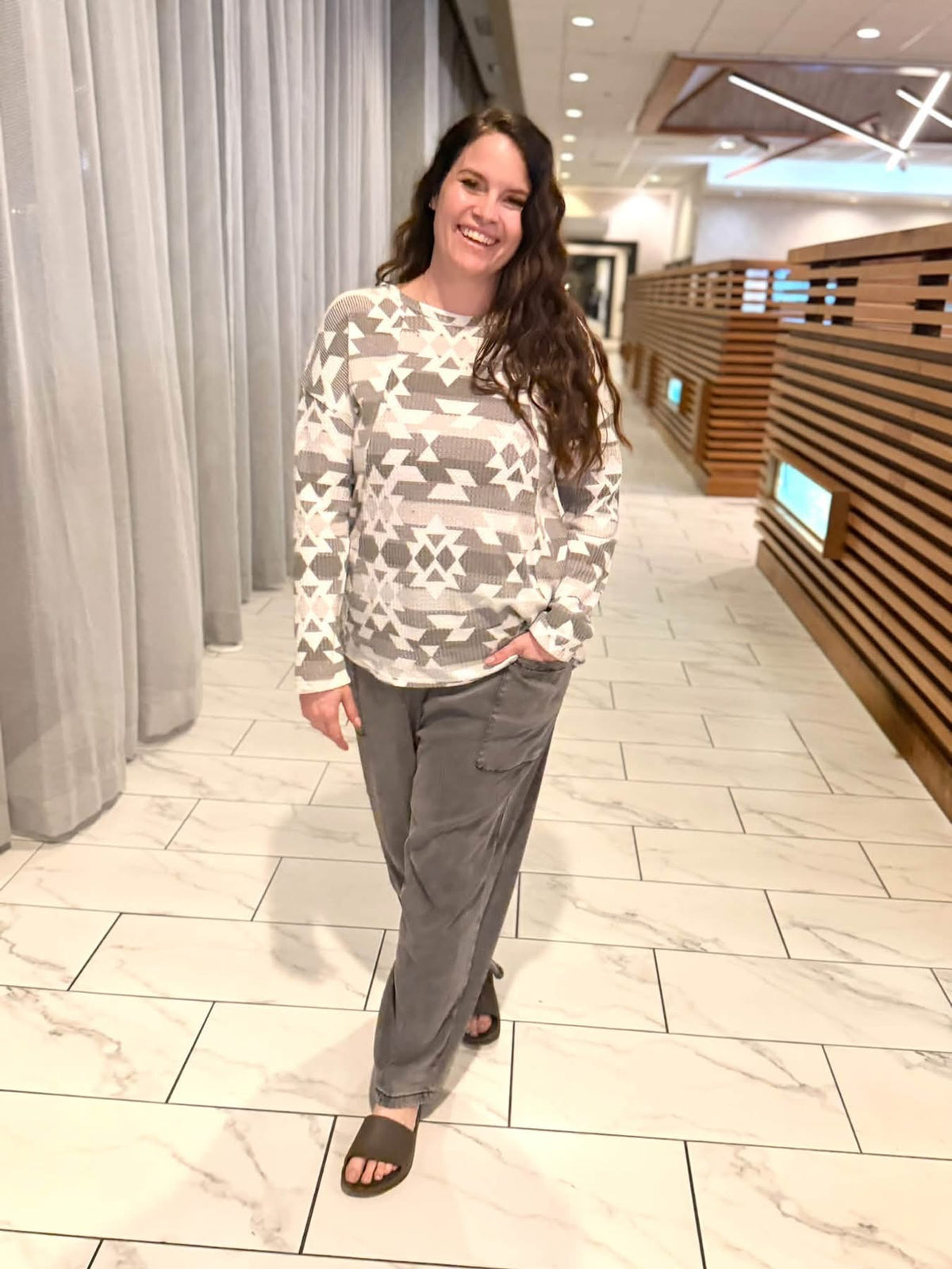 LuLaRoe Tina Mixed Media Long Sleeve Top Ivory Taupe Gray Abstract Geometric – additional product view