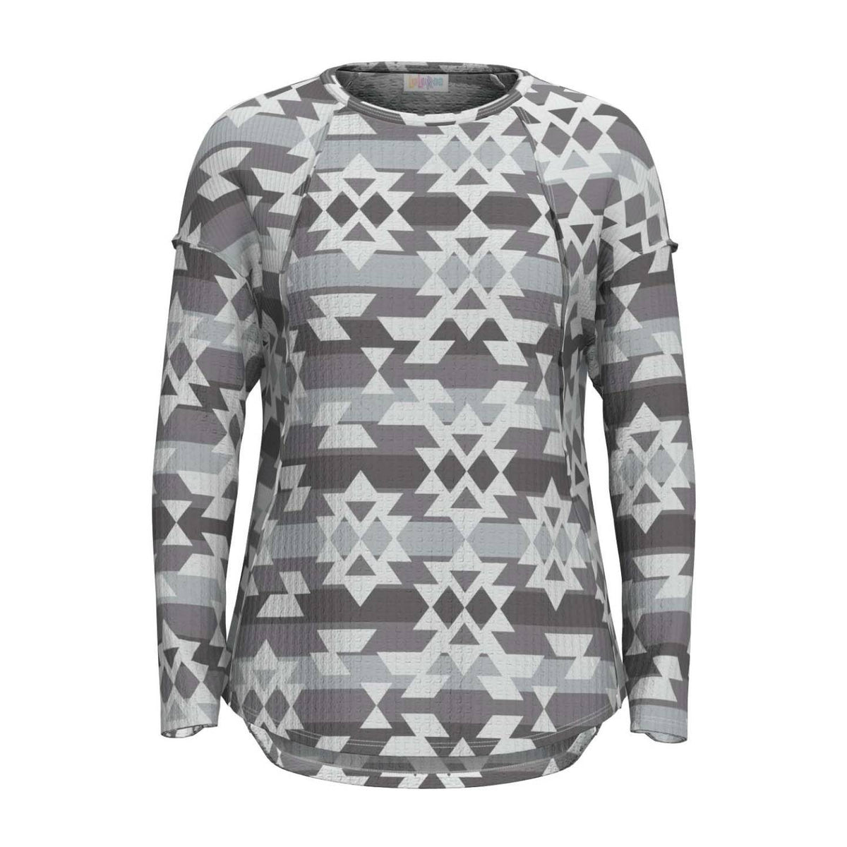 LuLaRoe Tina Mixed Media Long Sleeve Top Ivory Taupe Gray Abstract Geometric – color and print detail