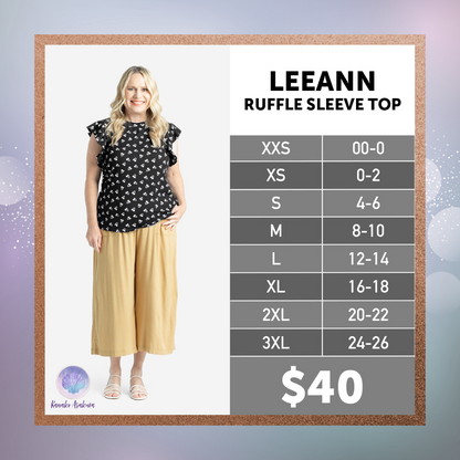 LuLaRoe LeeAnn Ruffle Sleeve Top size chart