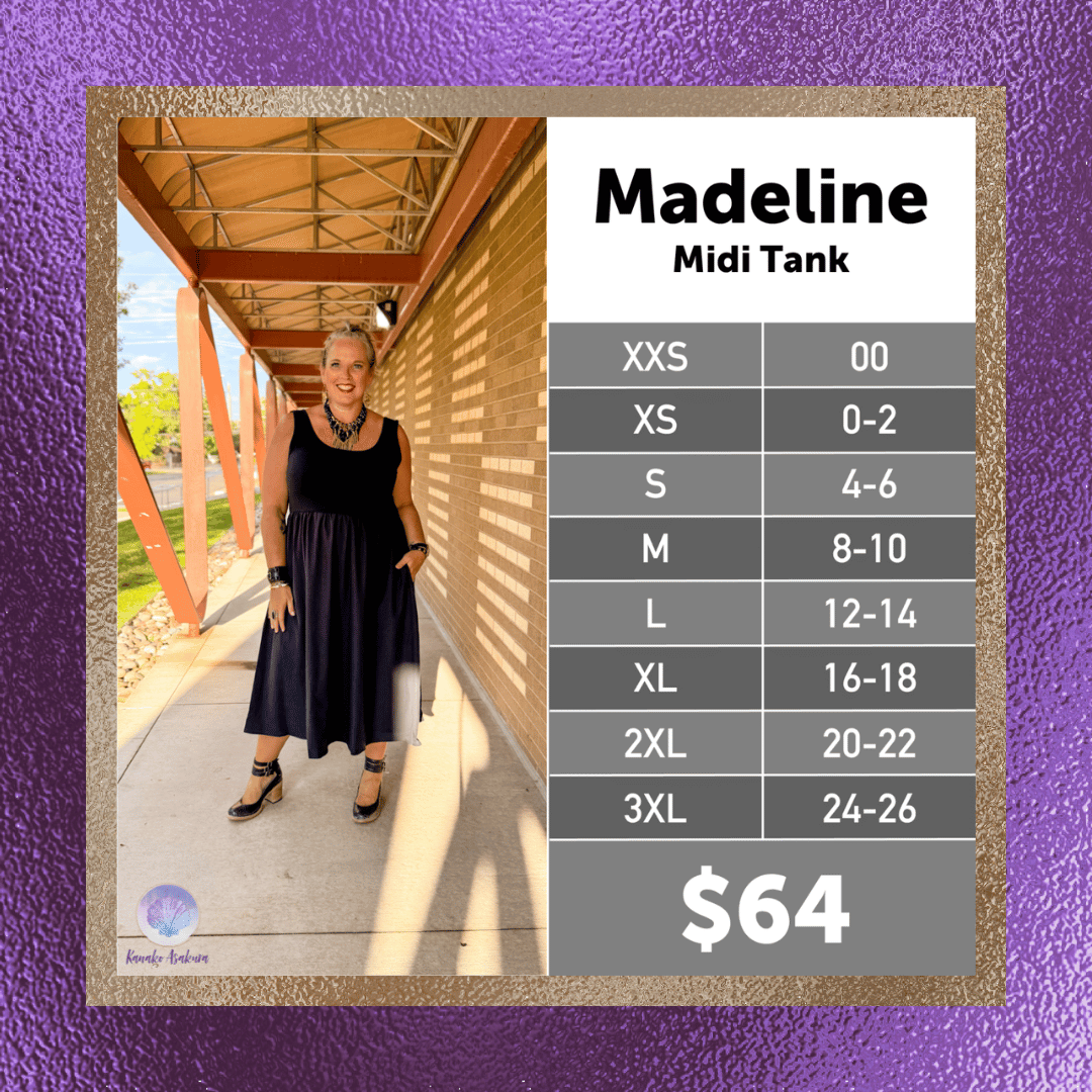 LuLaRoe Madeline Midi Tank Dress size chart for women’s sizes XXS through 3XL.