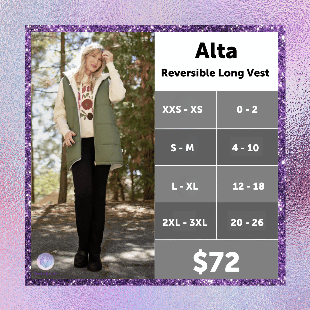 LuLaRoe Alta Reversible Long Vest official size chart