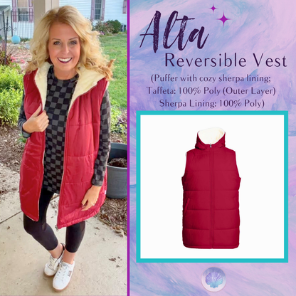 LuLaRoe Alta Reversible Long Vest in Solid Brick Red, front product view