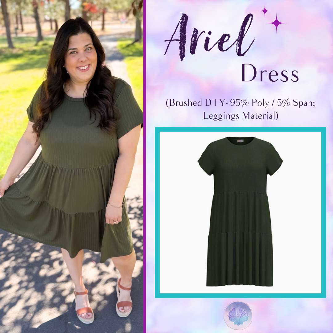 Woman wearing LuLaRoe Ariel Tiered Dress in Solid Deep Olive, a rich olive green tiered short dress with relaxed fit, soft stretch fabric, and flowy feminine silhouette for everyday wear.