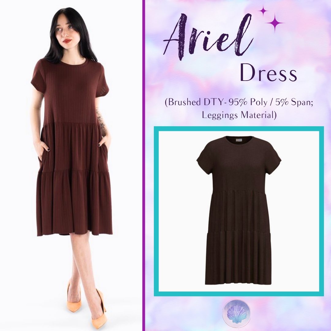 Woman wearing LuLaRoe Ariel Tiered Dress in Solid Espresso Truffle, a rich espresso brown tiered short dress with relaxed fit, soft stretch fabric, and flowy feminine silhouette.
