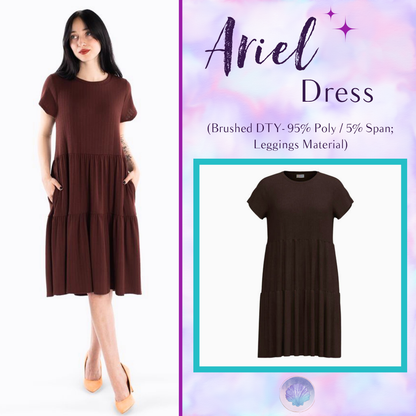 Woman wearing LuLaRoe Ariel Tiered Dress in Solid Espresso Truffle, a rich espresso brown tiered short dress with relaxed fit, soft stretch fabric, and flowy feminine silhouette.