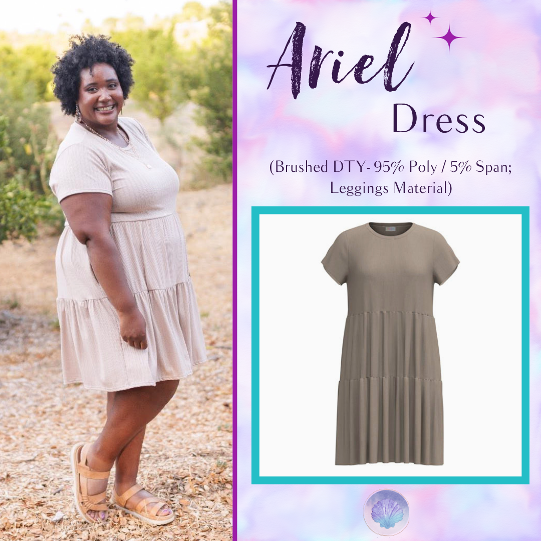 Woman wearing LuLaRoe Ariel Tiered Dress in Solid Sandstone Beige, a warm beige tiered short dress with relaxed fit, soft stretch fabric, and flowy silhouette for effortless everyday style.