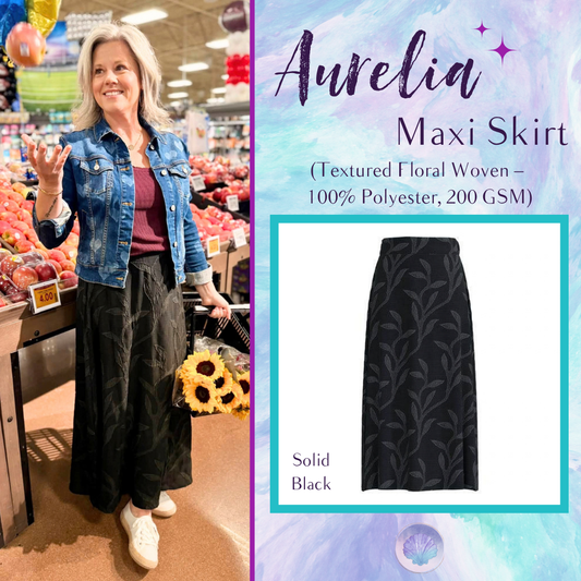 LuLaRoe Aurelia Maxi Skirt - Solid Black Tonal Leaf Vine - main product image