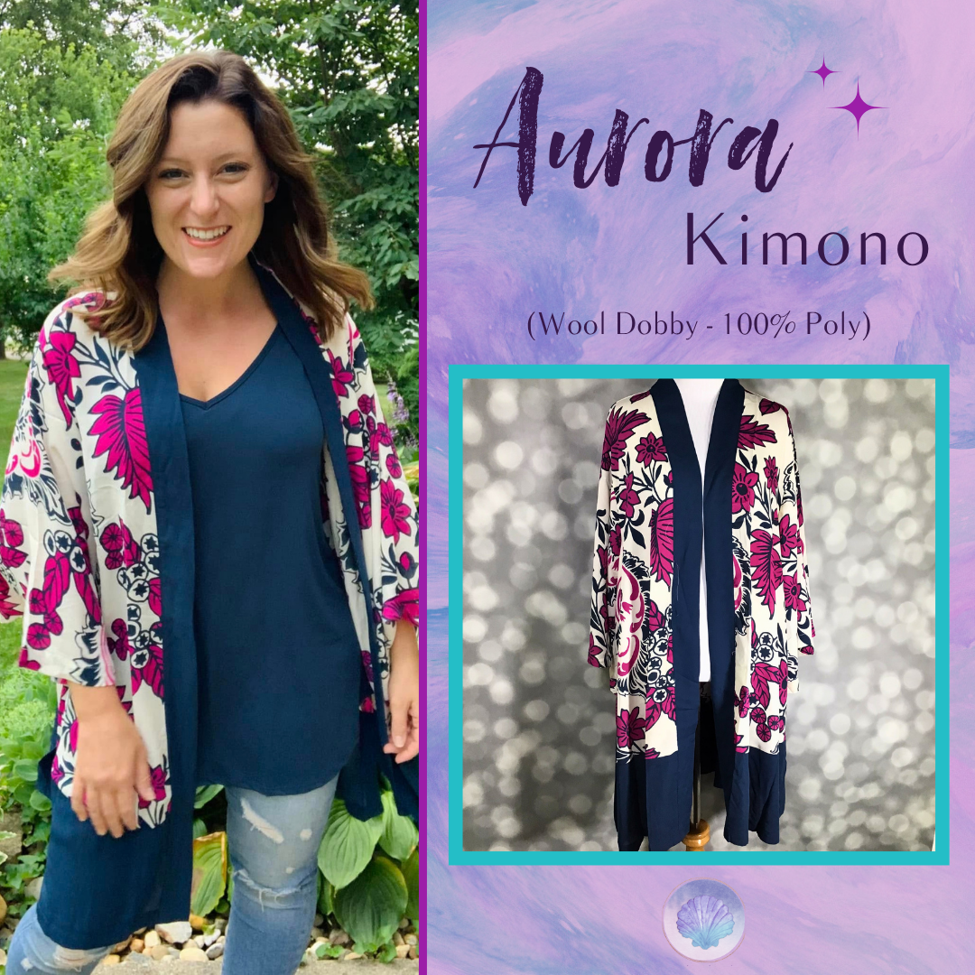 LuLaRoe Aurora bell sleeve kimono in a navy, ivory and magenta botanical floral print