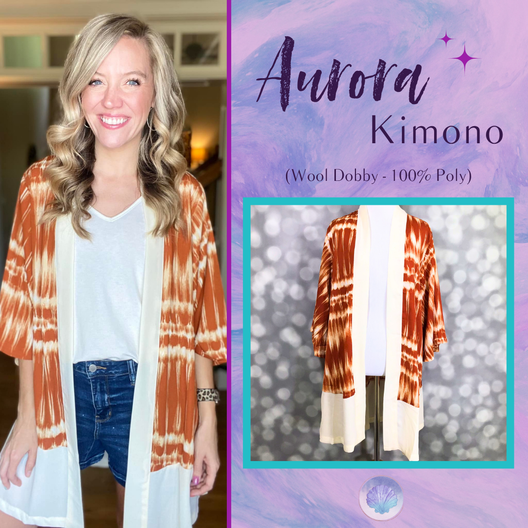 LuLaRoe Aurora bell sleeve kimono in a rust and ivory tie-dye stripe print with solid ivory trim