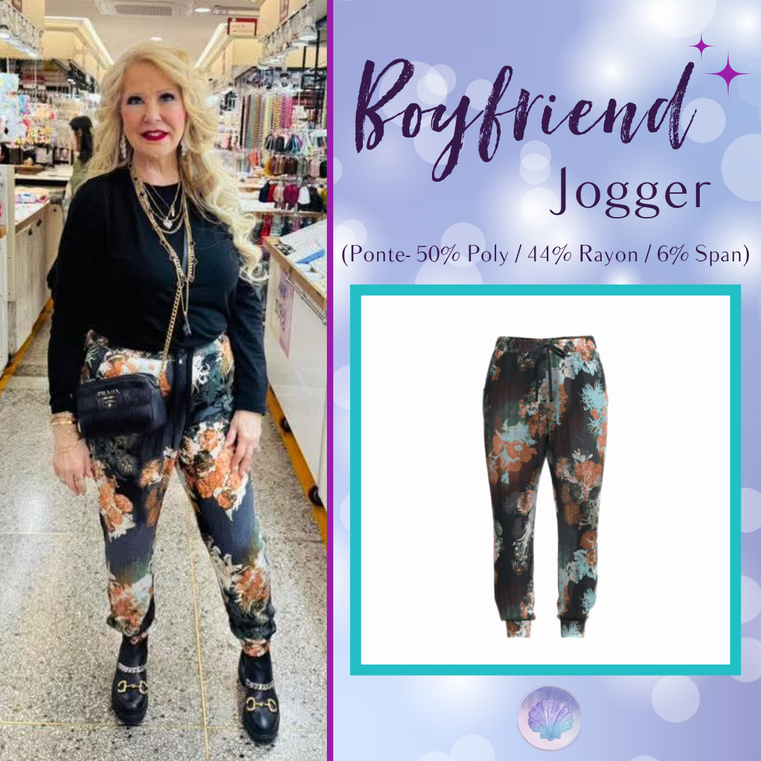 LuLaRoe Boyfriend Jogger - Black Teal Rust Floral Fade