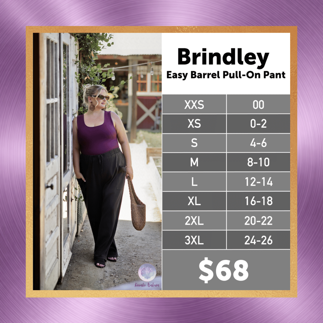 LuLaRoe Brindley Easy Barrel Pull-On Pant size chart XXS to 3XL