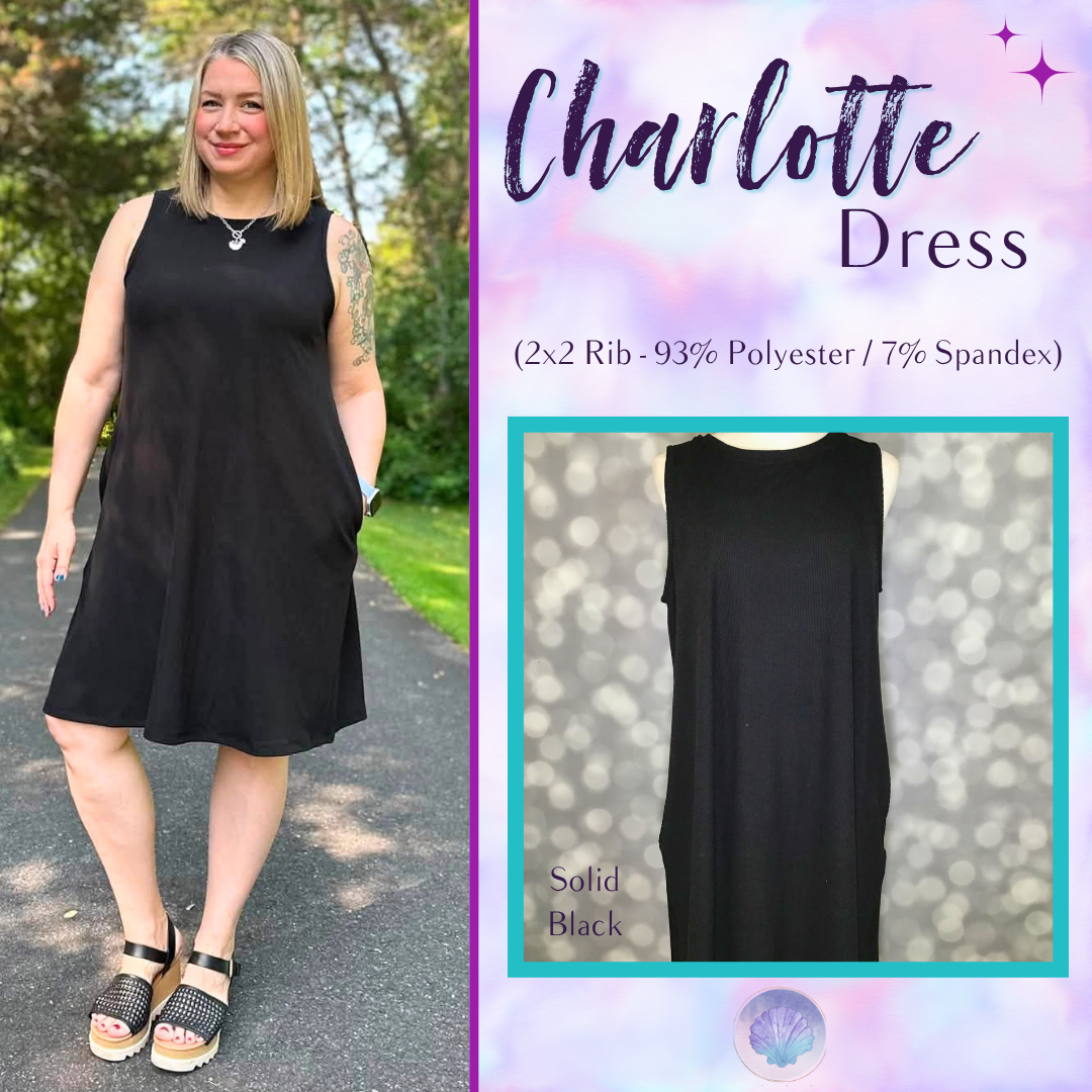 LuLaRoe Charlotte Dress - Solid Black Sleeveless A-Line Dress with Pockets