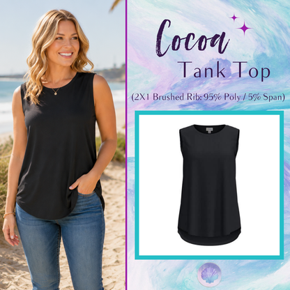 LuLaRoe Cocoa Sleeveless Top in Solid Black featuring a solid color, sleeveless silhouette, high neckline, soft brushed rib fabric, and flattering high-low hem for versatile everyday styling.