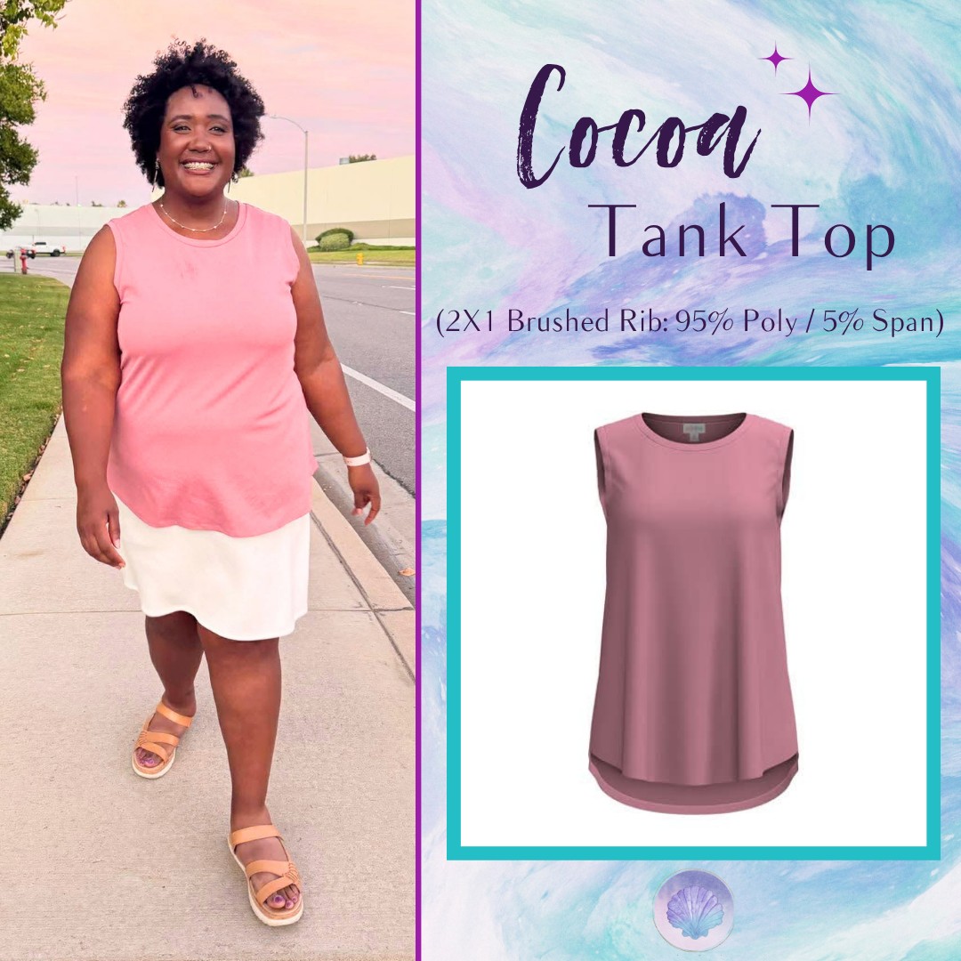 LuLaRoe Cocoa Sleeveless Top in Solid Blush Rose featuring a solid color, sleeveless silhouette, high neckline, soft brushed rib fabric, and flattering high-low hem for versatile everyday styling.