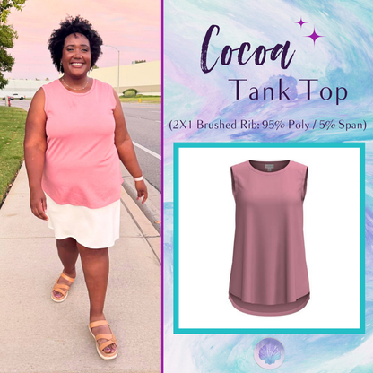 LuLaRoe Cocoa Sleeveless Top in Solid Blush Rose featuring a solid color, sleeveless silhouette, high neckline, soft brushed rib fabric, and flattering high-low hem for versatile everyday styling.