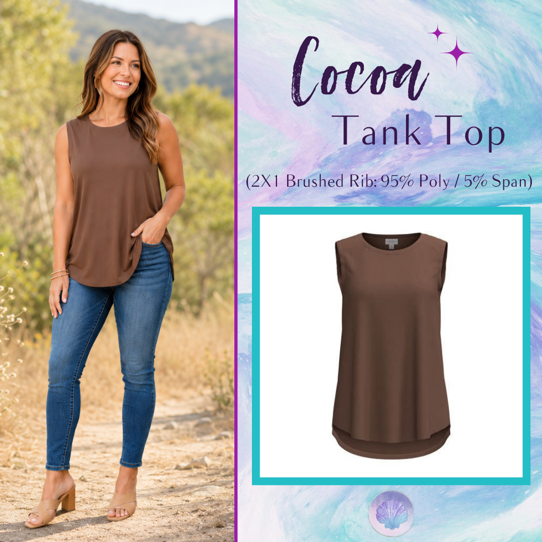 LuLaRoe Cocoa Sleeveless Top in Solid Espresso Brown featuring a solid color, sleeveless silhouette, high neckline, soft brushed rib fabric, and flattering high-low hem for versatile everyday styling.