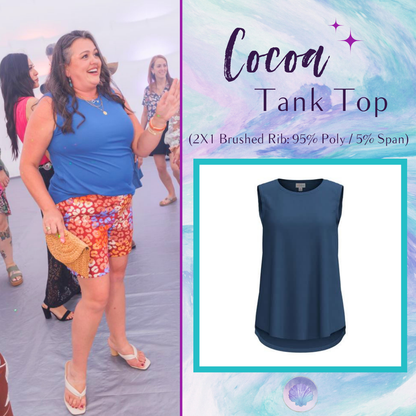LuLaRoe Cocoa Sleeveless Top in Solid Royal Sapphire featuring a solid color, sleeveless silhouette, high neckline, soft brushed rib fabric, and flattering high-low hem for versatile everyday styling.