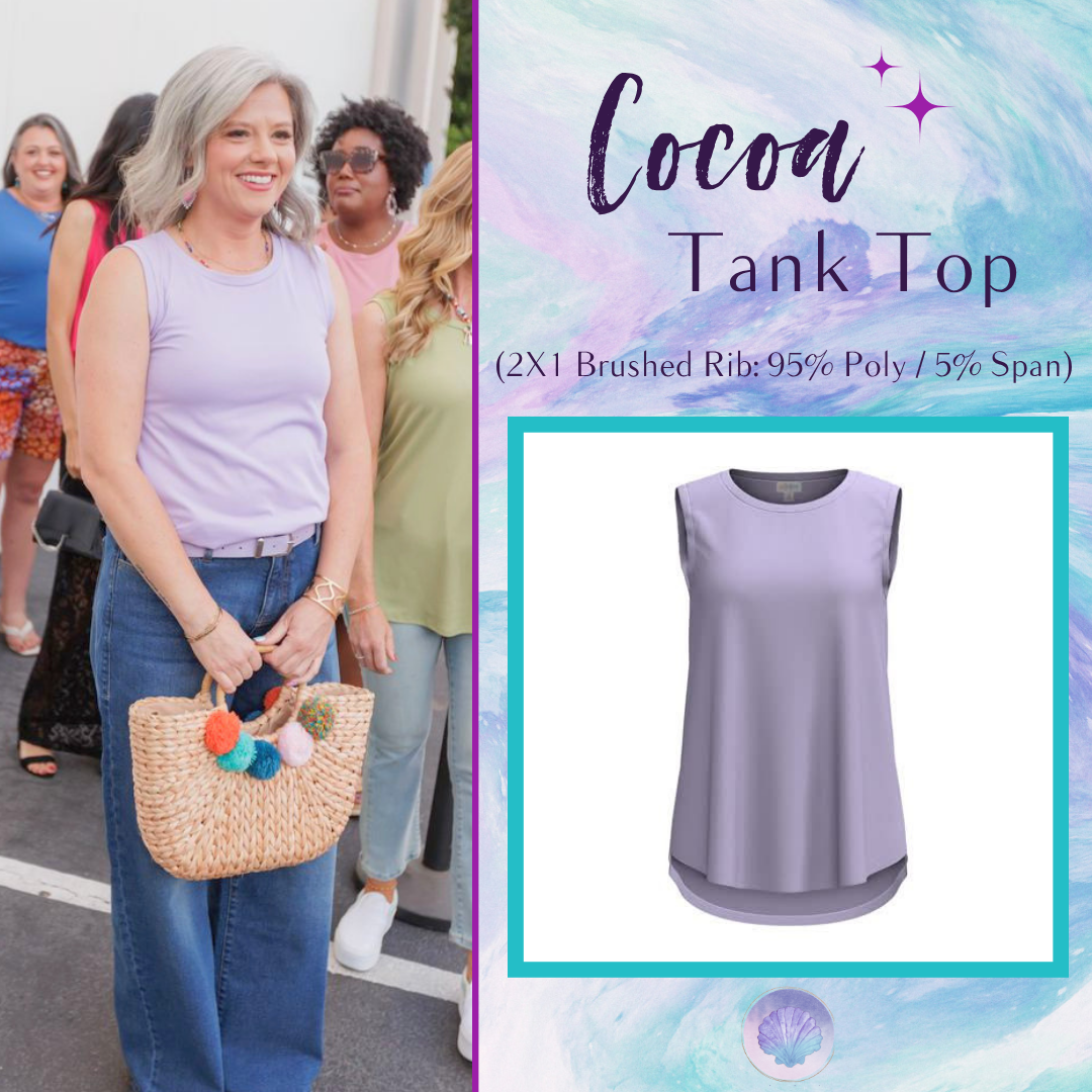 LuLaRoe Cocoa Sleeveless Top in Solid Soft Lavender featuring a solid color, sleeveless silhouette, high neckline, soft brushed rib fabric, and flattering high-low hem for versatile everyday styling.