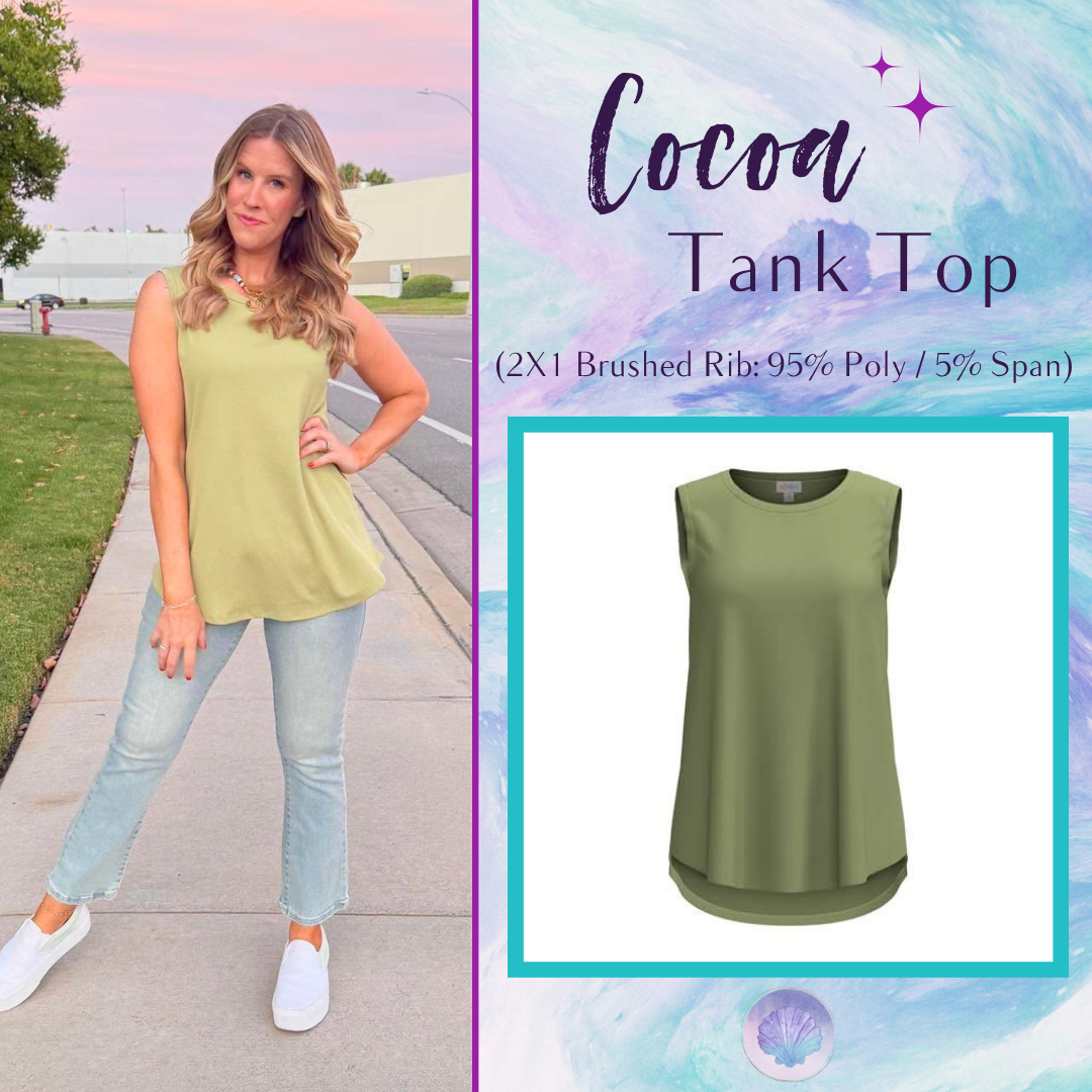 LuLaRoe Cocoa Sleeveless Top in Solid Soft Sage featuring a solid color, sleeveless silhouette, high neckline, soft brushed rib fabric, and flattering high-low hem for versatile everyday styling.