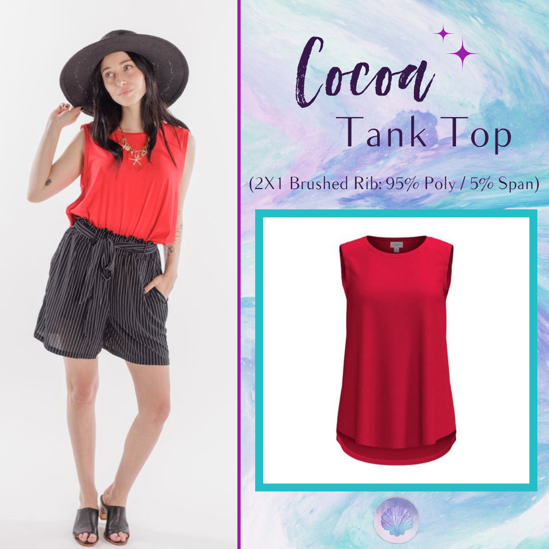 LuLaRoe Cocoa Sleeveless Top in Solid True Red featuring a solid color, sleeveless silhouette, high neckline, soft brushed rib fabric, and flattering high-low hem for versatile everyday styling.