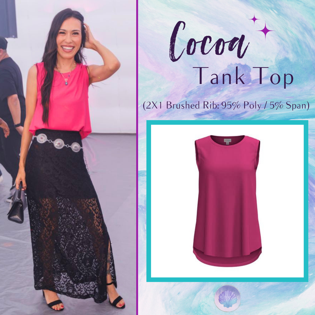 LuLaRoe Cocoa Sleeveless Top in Solid Vibrant Fuchsia featuring a solid color, sleeveless silhouette, high neckline, soft brushed rib fabric, and flattering high-low hem for versatile everyday styling.