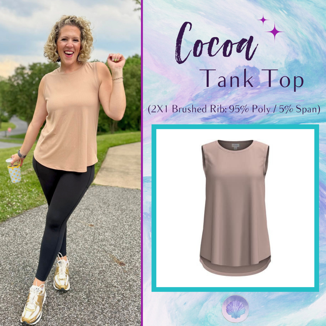 LuLaRoe Cocoa Sleeveless Top in Solid Warm Sand featuring a solid color, sleeveless silhouette, high neckline, soft brushed rib fabric, and flattering high-low hem for versatile everyday styling.