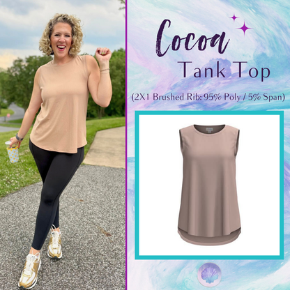LuLaRoe Cocoa Sleeveless Top in Solid Warm Sand featuring a solid color, sleeveless silhouette, high neckline, soft brushed rib fabric, and flattering high-low hem for versatile everyday styling.