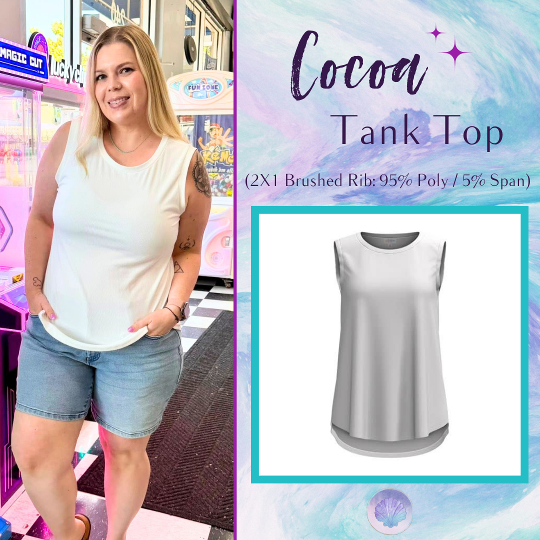 LuLaRoe Cocoa Sleeveless Top in Solid White featuring a solid color, sleeveless silhouette, high neckline, soft brushed rib fabric, and flattering high-low hem for versatile everyday styling.