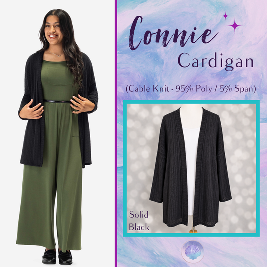 LuLaRoe Connie Lightweight Overlay in Solid Black featuring a lightweight cable knit texture, open front cardigan, relaxed fit, and long sleeves layered over a white ribbed tank.
