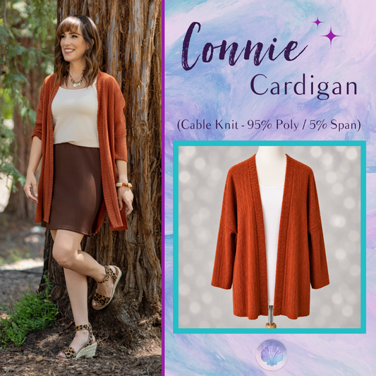 LuLaRoe Connie Lightweight Overlay in Solid Burnt Cinnamon featuring a lightweight cable knit texture, open front cardigan, relaxed fit, and long sleeves layered over a white ribbed tank.