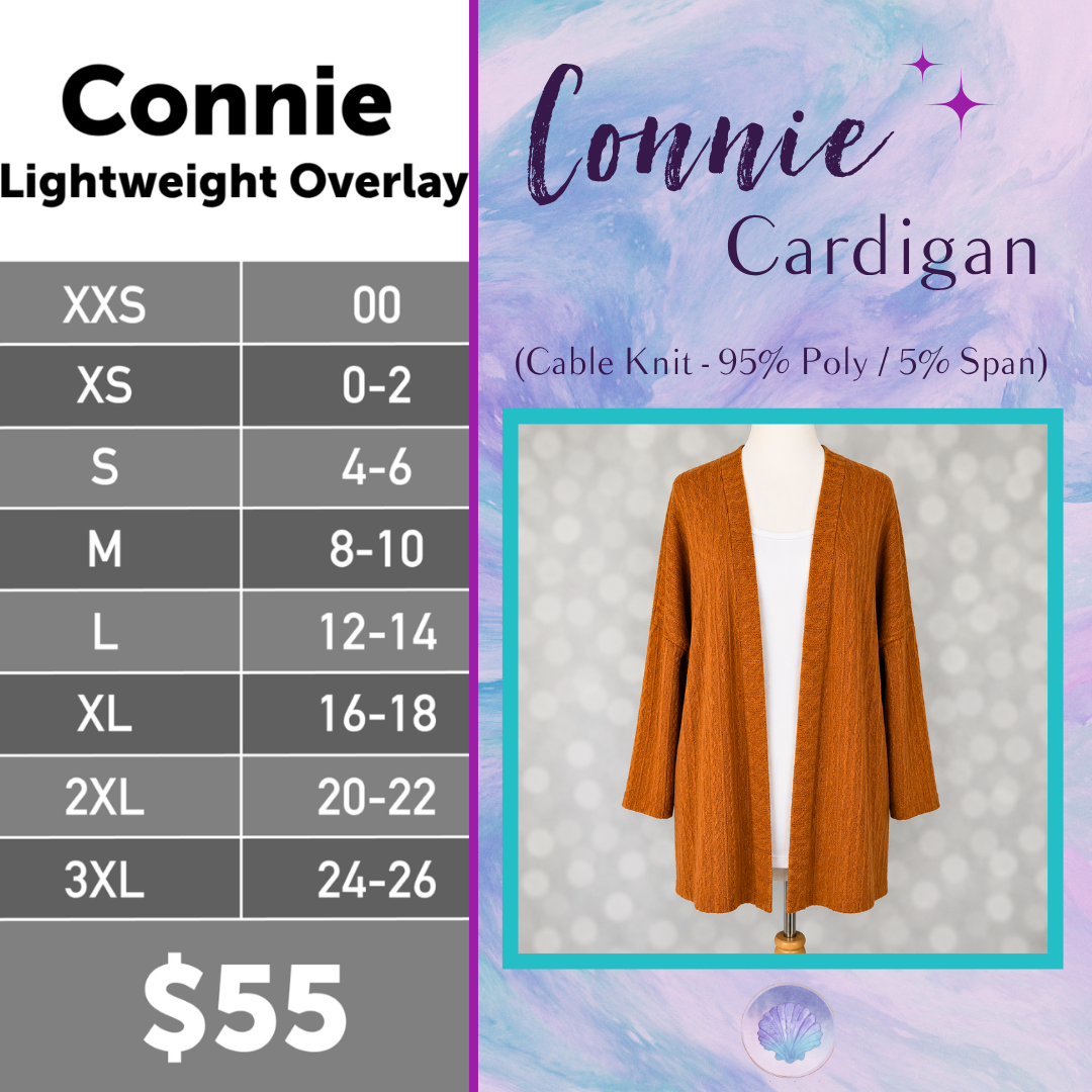 LuLaRoe Connie Lightweight Overlay in Solid Camel featuring a lightweight cable knit texture, open front cardigan, relaxed fit, and long sleeves layered over a white ribbed tank.