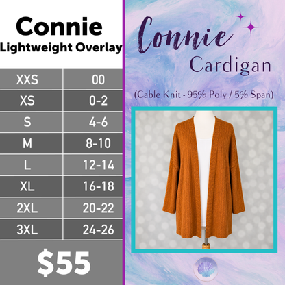 LuLaRoe Connie Lightweight Overlay in Solid Camel featuring a lightweight cable knit texture, open front cardigan, relaxed fit, and long sleeves layered over a white ribbed tank.