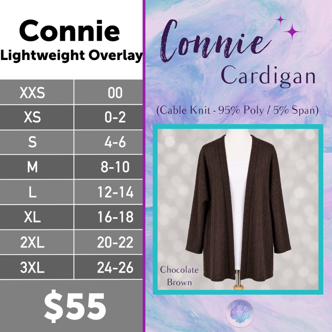 LuLaRoe Connie Lightweight Overlay in Solid Chocolate Brown featuring a lightweight cable knit texture, open front cardigan, relaxed fit, and long sleeves layered over a white ribbed tank.