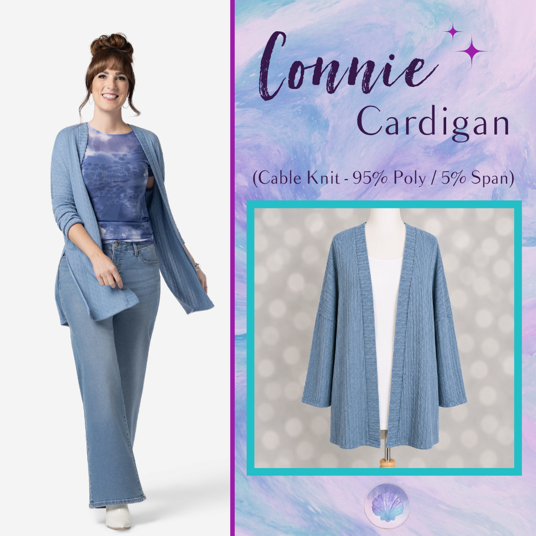 LuLaRoe Connie Lightweight Overlay in Solid Denim Blue featuring a lightweight cable knit texture, open front cardigan, relaxed fit, and long sleeves layered over a white ribbed tank.