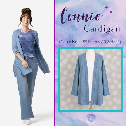 LuLaRoe Connie Lightweight Overlay in Solid Denim Blue featuring a lightweight cable knit texture, open front cardigan, relaxed fit, and long sleeves layered over a white ribbed tank.
