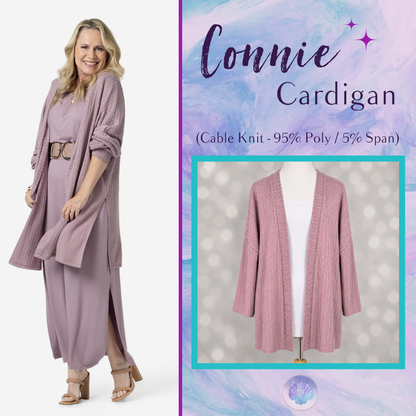 LuLaRoe Connie Lightweight Overlay in Solid Dusty Mauve featuring a lightweight cable knit texture, open front cardigan, relaxed fit, and long sleeves layered over a white ribbed tank.